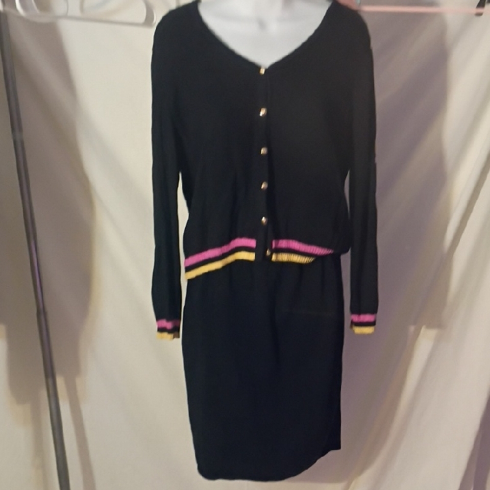 St. John Black Dress with Pink and Yellow Trim